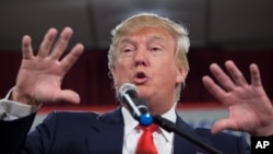 FILE - Donald Trump speaks at the South Carolina Tea Party Coalition Convention in Myrtle Beach, South Carolina, Jan. 19, 2015.