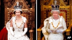 FILE - This photo combo shows Britain's Queen Elizabeth II during the State Opening of Parliament, London, in April, 1966 on the left and Nov. 15, 2006, on the right.