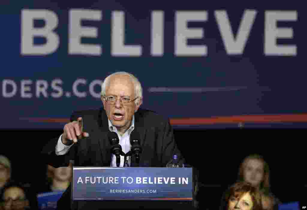 Democratic presidential candidate, Sen. Bernie Sanders, I-Vt, speaks during a campaign event at Music Man Square, Jan. 27, 2016, in Mason City, Iowa.