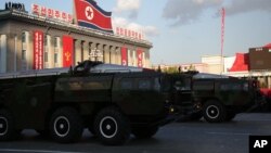 FILE - Missiles are paraded in Pyongyang, North Korea, Oct. 10, 2015. 