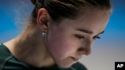Kamila Valieva, of the Russian Olympic Committee, trains at the 2022 Winter Olympics, Saturday, Feb. 12, 2022, in Beijing. (AP Photo/Bernat Armangue)