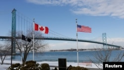 A view of the Ambassador Bridge, linking Detroit and Windsor, as truckers and their supporters continue to protest against COVID-19 vaccine mandates, in Windsor, Ontario, Feb. 9, 2022.