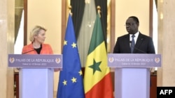 European Union President Ursula von der Leyen addresses a press conference in Dakar on Feb. 10, 2022 with Senegal President Macky Sall.