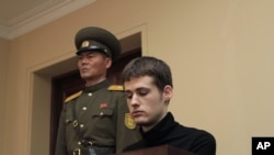 Matthew Miller, a U.S. citizen, sits on the dock at the Supreme Court during his trial in Pyongyang, North Korea, Sept. 14, 2014.