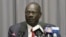 FILE - South Sudan's Information Minister Michael Makuei attends a press conference in Addis Ababa, Ethiopia, Jan. 5, 2014. The Trump administration, on Sept. 6, 2017, imposed sanctions on Makuei, another senior member of South Sudan's government, a former official, and three South Sudanese companies for undermining peace, security and stability in the crisis-stricken nation.