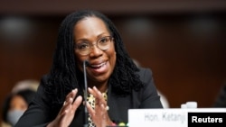 FILE - Ketanji Brown Jackson, nominated to be a US Circuit Judge for the District of Columbia Circuit, testifies before a Senate Judiciary Committee hearing on pending judicial nominations, April 28, 2021.