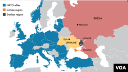 نقشه‌ای که مناطق دونستک و لوهانسک در شرق اوکراین را نشان می‌دهد
