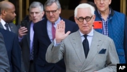 Roger Stone, an associate of President Donald Trump, leaves the U.S. District Court, after a court status conference on seven charges: one count of obstruction of official proceeding, five counts of false statements, one count of witness tampering, in Washington, March 14, 2019.