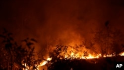 A fire burns in highway margins in the city of Porto Velho, Rondonia state, part of Brazil's Amazon, Aug. 25, 2019.