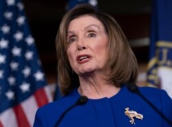 Speaker of the House Nancy Pelosi, D-Calif., arrives to meet with reporters following escalation of tensions between the U.S. and Iran, Jan. 9, 2020, on Capitol Hill in Washington.