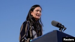 U.S. Interior Secretary Deb Haaland delivers remarks at Gila Crossing Community School in Gila River Indian Community, Arizona, Oct. 25, 2024. The Interior Department approved, Dec. 30, 2024, approved to withdraw federal lands in the Ruby Mountains from energy development.