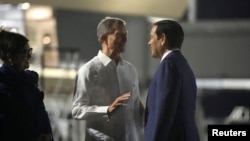 U.S. Secretary of State Marco Rubio talks with Dominican Republic Foreign Minister Roberto Alvarez on the tarmac of Las Americas International Airport near Santo Domingo, Dominican Republic, Feb. 5, 2025.
