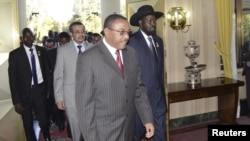 Presiden Sudan Selatan Salva Kiir (depan) berjalan bersama tuan rumah PM Ethiopia Hailemariam Desalegn, untuk berunding dengan pemimpin Sudan di Addis Ababa (4/1).