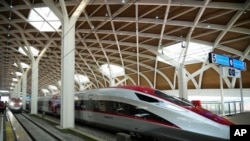 High-speed train is parked during the opening ceremony for launching Southeast Asia's first high-speed railway at Halim station in Jakarta, Indonesia, Monday, Oct. 2, 2023.(AP/Achmad Ibrahim)