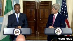 In this screen grab taken from U.S. Department of State, Secretary of State John Kerry (right) and his Nigerian counterpart Geoffrey Onyeama deliver remarks at the State Department in Washington, D.C., March 30, 2016.