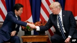 President Donald Trump shakes hands with Japanese Prime Minister Shinzo Abe during a meeting at the Palace Hotel during the United Nations General Assembly, Thursday, Sept. 21, 2017, in New York. (AP Photo/Evan Vucci)