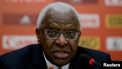 President of the International Association of Athletics Federations Lamine Diack speaks during the press conference at the IAAF Congress at the National Convention Center in Beijing, Aug. 20, 2015. 