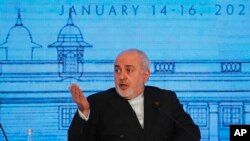 Iranian Foreign Minister Mohammad Javad Zarif speaks at the Raisina Dialogue 2020 in New Delhi, India, Jan. 15, 2020. 