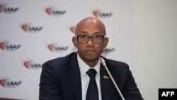 L'ancien athlète Frankie Fredericks lors d'une conférence de presse à Monaco, le 26 novembre 2015.