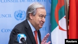 U.N. Secretary-General Antonio Guterres greets journalists after speaking about the Israel and Hamas ceasefire deal outside the Security Council at the U.N. Headquarters in New York on Jan. 15, 2025.