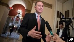 Rep. Adam Schiff, D-Calif., ranking member of the House Intelligence Committee, takes questions from reporters at the Capitol in Washington, May 10, 2018.