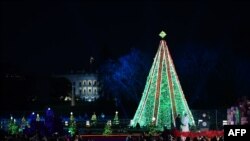 Presiden AS, Donald Trump, dan Ibu Negara Melania Trump menyalakan Pohon Natal Nasional di National Mall, Washington, D.C., tanggal 28 November 2018 (foto: Brendan Smialowski/AFP)