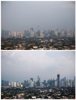 FILE - A combination picture shows a general view of high-rise buildings standing amidst smog, July 4, 2019, at top, and the same view pictured during the coronavirus outbreak, April 16, 2020, in Jakarta, Indonesia.