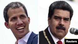 This combination of pictures created May 25, 2019, shows Venezuelan opposition leader Juan Guaido, left, in Caracas, Feb. 2, 2019, and Venezuelan President Nicolas Maduro, right, at the Fuerte Tiuna Military Complex in Caracas, Jan. 10, 2019.