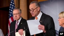 From left, Senate Majority Leader Harry Reid of Nev., Sen. Charles Schumer, D-N.Y., and Senate Budget Committee Chair Sen. Patty Murray, D-Wash., announce that President Barack Obama has invited the top leaders in Congress to meet with him at the White Ho