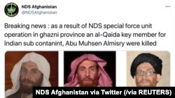 Cuitan dari Direktorat Keamanan Nasional Afghanistan tentang terbunuhya Abu Muhsin Al-Masri dalam operasi oleh militer Afghan, melalui akun Twitter, Sabtu, 24 Oktober 2020. (Foto: NDS Afghanistan via Twitter/ via Reuters)