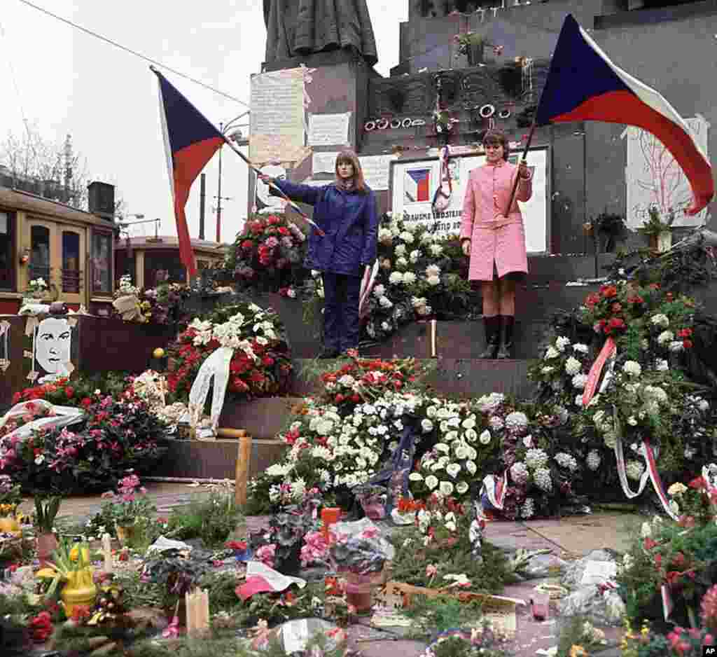 People of what was then Czechoslovakia pay tribute 24 January 1969 at Wenceslas square downtown Prague to Jan Palach, the day before his funeral. Palach, Czech student, burned himself to death in January 1969 to protest the Soviet occupation of his count