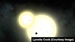 Artist's interpretation of Kepler-1647b transiting a pair of stars