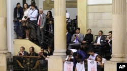 Supporters of peace agreements between rebels of the Revolutionary Armed Forces of Colombia (FARC) with the government watch the congressional debate in Bogota, Nov. 29, 2016. 