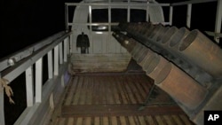 This photo released by the government-affiliated Media Security Cell on March 12, 2020, shows a rocket-rigged truck launcher after a rocket attack on Camp Taji, a few miles north of Baghdad, in Rashidiya, Iraq.