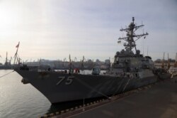 U.S. missile destroyer USS Donald Cook is docked in the Ukrainian Black Sea port of Odessa, Feb. 25, 2019.