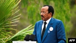 FILE - Cameroon President Paul Biya speaks at a ceremony marking the 80th anniversary of the Allied landings in Provence during World War II, at the Boulouris National Cemetery in Boulouris-sur-Mer, France, on Aug. 15, 2024. 