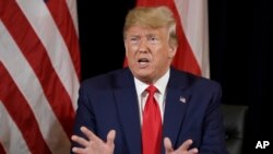 President Donald Trump speaks as he meets with Polish President Andrzej Duda at the InterContinental Barclay hotel during the United Nations General Assembly, Sept. 23, 2019, in New York.