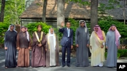 President Barack Obama, center, with Arab Gulf leaders at Camp David, May 14, 2015.
