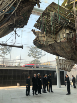 FILE - U.S. Vice President Mike Pence inspects the Cheonan, a South Korea warship that was sent to the bottom of the Yellow Sea, March 26, 2010, by an explosion blamed on a North Korean torpedo.