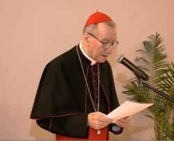 Cardinal Pietro Parolin at a reception offered by the Cameroon government. Yaounde, Jan. 29, 2021. (Moki Edwin Kindzeka/VOA)
