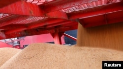 2018年4月4日，在中國江蘇南通的一個港口進口的大豆。