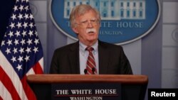 U.S. National Security Advisor John Bolton speaks about election security in the White House press briefing room at the White House in Washington, Aug. 2, 2018. 