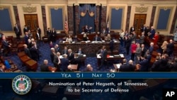 In this image provided by Senate Television, the vote total is shown after Vice President JD Vance casts the tie-breaking vote to confirm Pete Hegseth as President Donald Trump's choice for defense secretary, Friday, Jan. 24, 2025, at the Capitol in Washington.