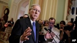 Senate Majority Leader Mitch McConnell of Kentucky speaks to reporters on Capitol Hill, April 4, 2017, about the struggle to move Supreme Court nominee Neil Gorsuch toward a final up-or-down vote on the Senate floor.