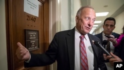 FILE - Rep. Steve King, R-Iowa, talks with a reporter on Capitol Hill in Washington, June 27, 2018. 