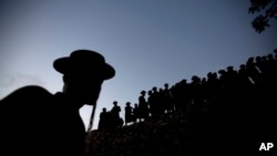 Ultra-Orthodox Jewish men gather to collect water from a spring to make matza, a traditional handmade Passover unleavened bread, near Jerusalem Thursday, April 21, 2016.