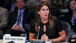 FILE - Congresswoman Mary Bono, R-Ca., speaks during a meeting of the Joint Committee Session on addressing the Nation's Opiod Crisis at the National Governors Association Summer meeting at the Greenbrier in White Sulphur Springs, W. Va., Saturday, July 25, 2015. 