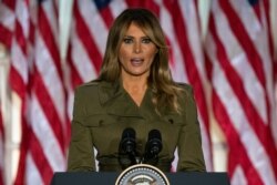 First lady Melania Trump speaks to the 2020 Republican National Convention from the Rose Garden of the White House, Aug. 25, 2020, in Washington.
