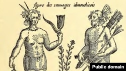 Fanciful 1612 engraving of depicting the Almouchicois Indians—the French term for the Massachusett-speaking peoples of southern New England, after a 1605 drawing by the French explorer. 