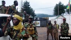 Fighters for the Seleka rebel alliance stand guard in front of the presidential palace in Bangui, Central African Republic, March 25, 2013.